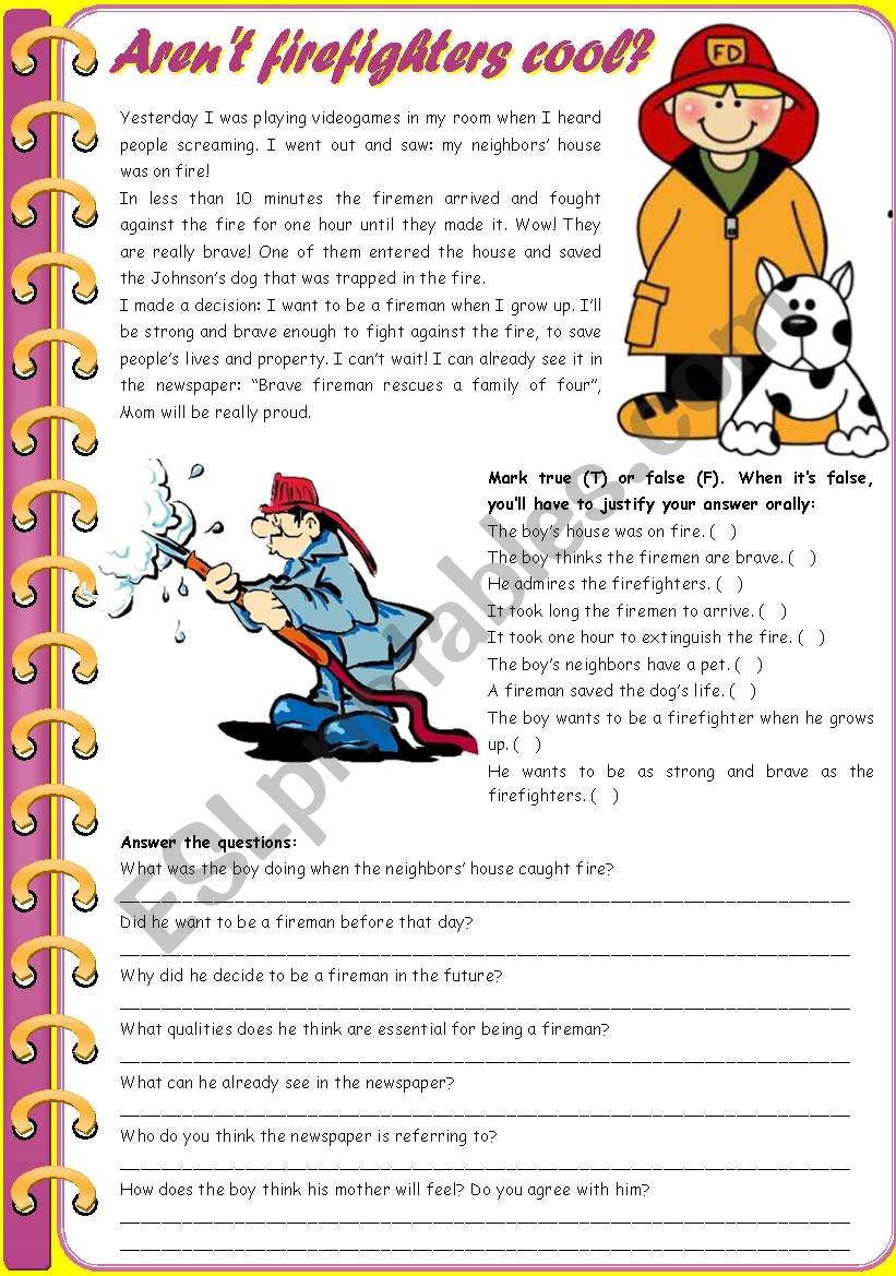 Arent firefighters cool?  reading comprehension + grammar (comparative of equality, past simple vs. past continuous) [6 tasks] KEYS INCLUDED ((3 pages)) ***editable